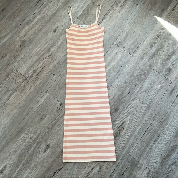 Zara Pink and Cream Striped Midi Dress - Picture 1 of 4